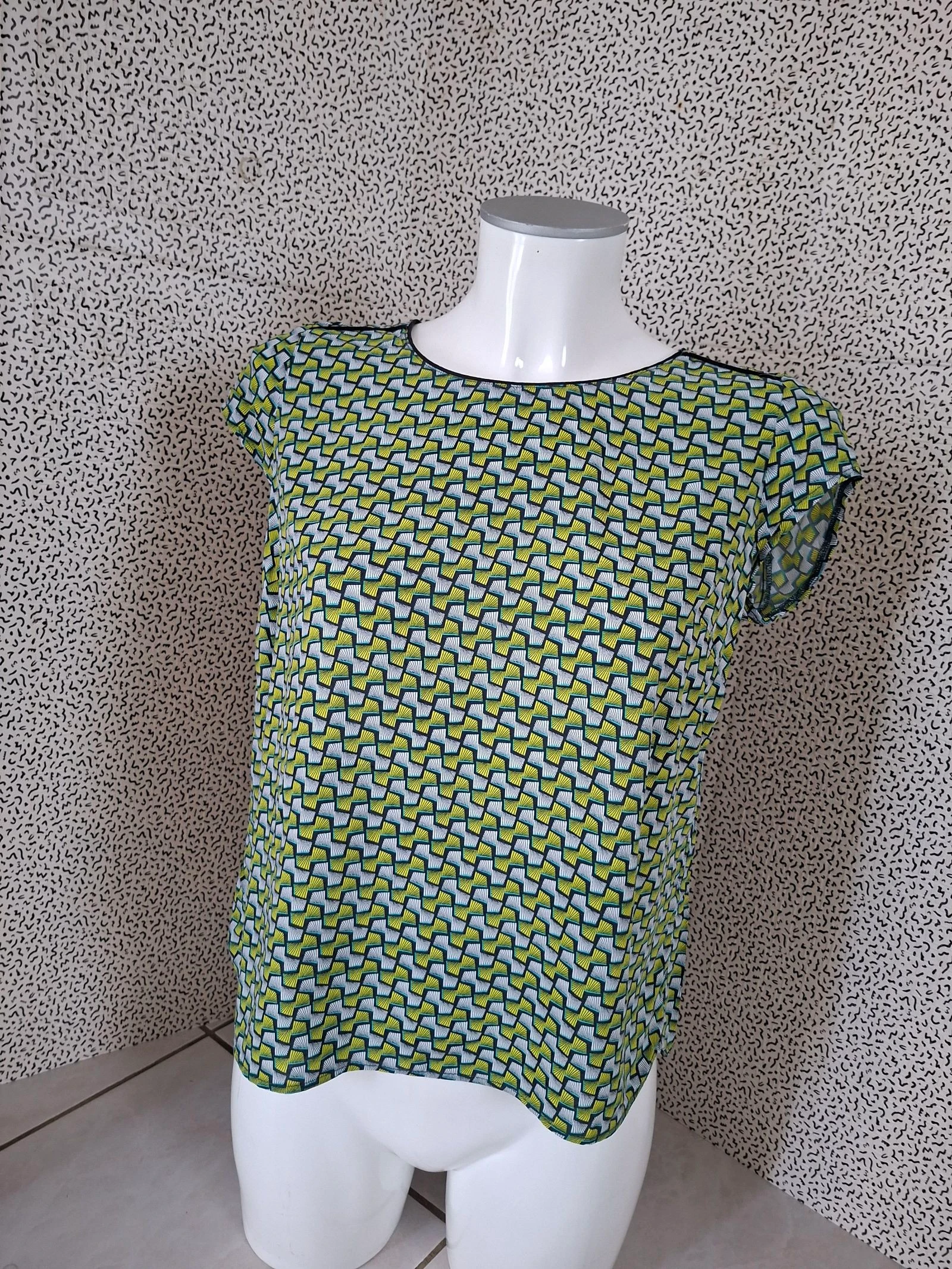 Blouse Cache Cache T1 S imprimé géométrique vert bleu manches courtes fluide femme